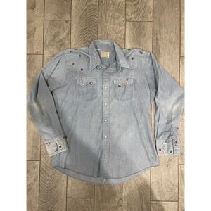 Vintage Dee-Cee Embroidered Western Pearl Snap Shirt Blue Chambray 16.5 x 35